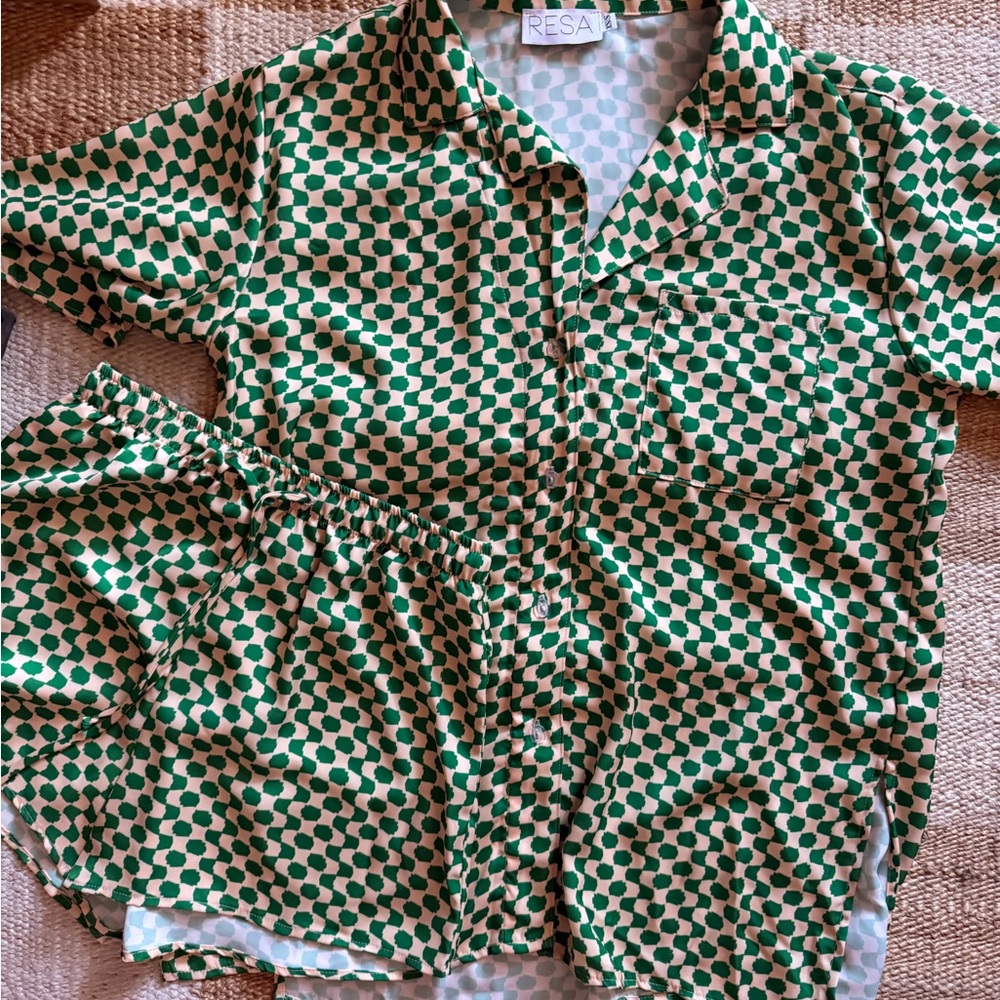 New, Never Worn, RESA Green and Cream Patterned Silky Top and Shorts